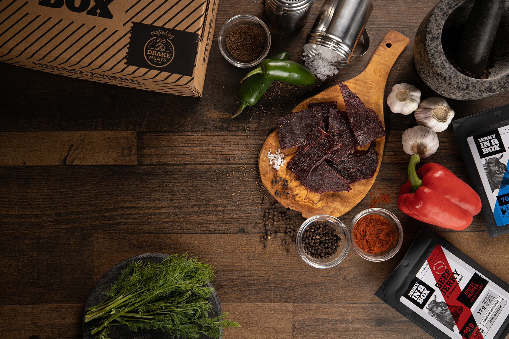 Jerky in a Box on a table